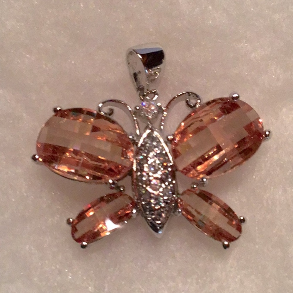 New Sterling Silver Butterfly Pendant. Faceted CZ Stones.